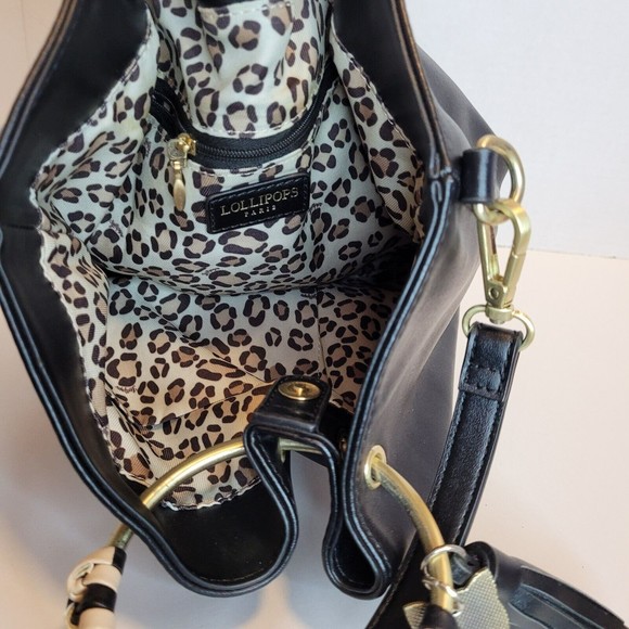 Lollipops Paris Black Bucket Crossbody Bag Cat/Tassel Charm Leopard Lining  9"H - Picture 8 of 12